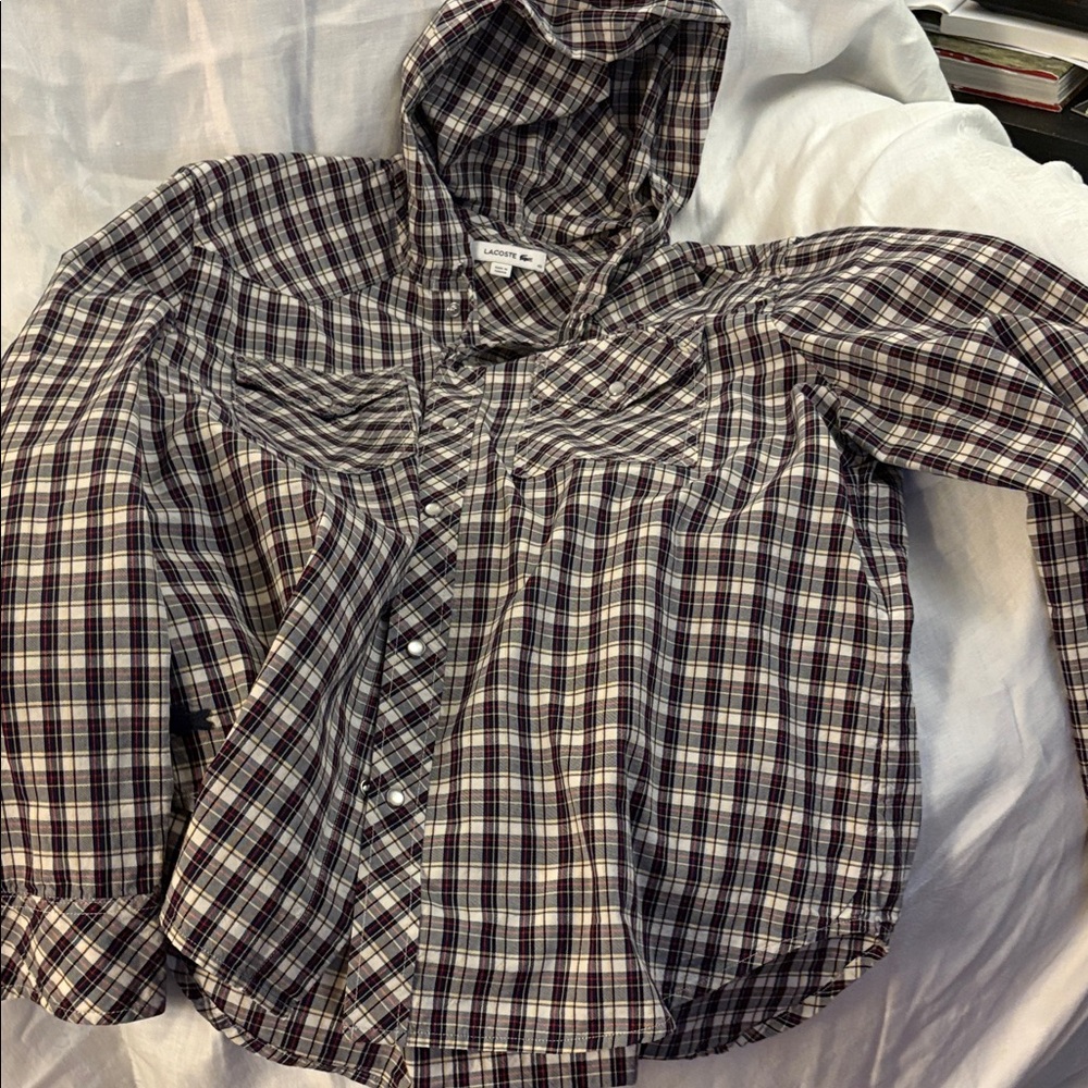 Lacoste Men's Plaid Hooded Button-Down Shirt — Black, White & Burgundy (size 43)